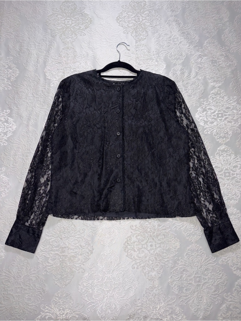Vintage Whimsigoth Black Floral Lace Button Down Blouse Size Large